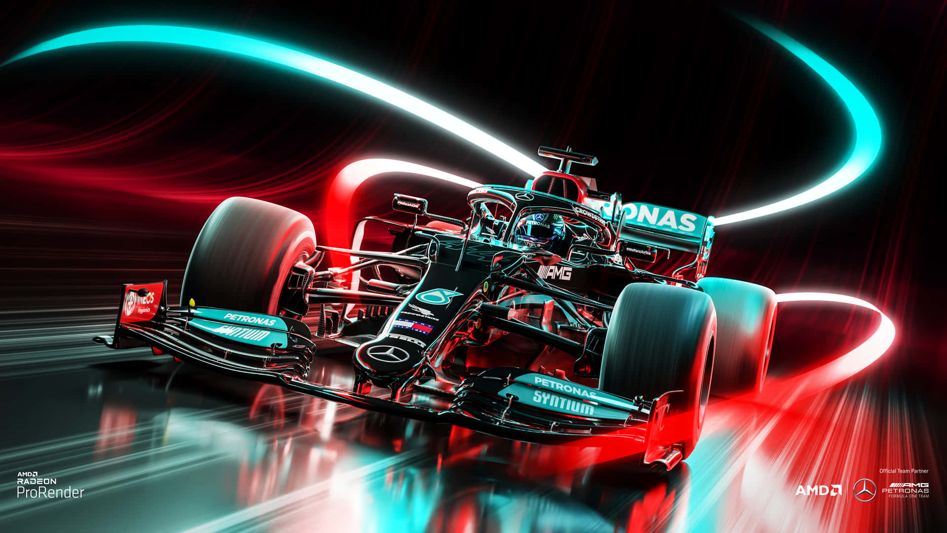 A Mercedes F1 Car Is Driving Through The Night