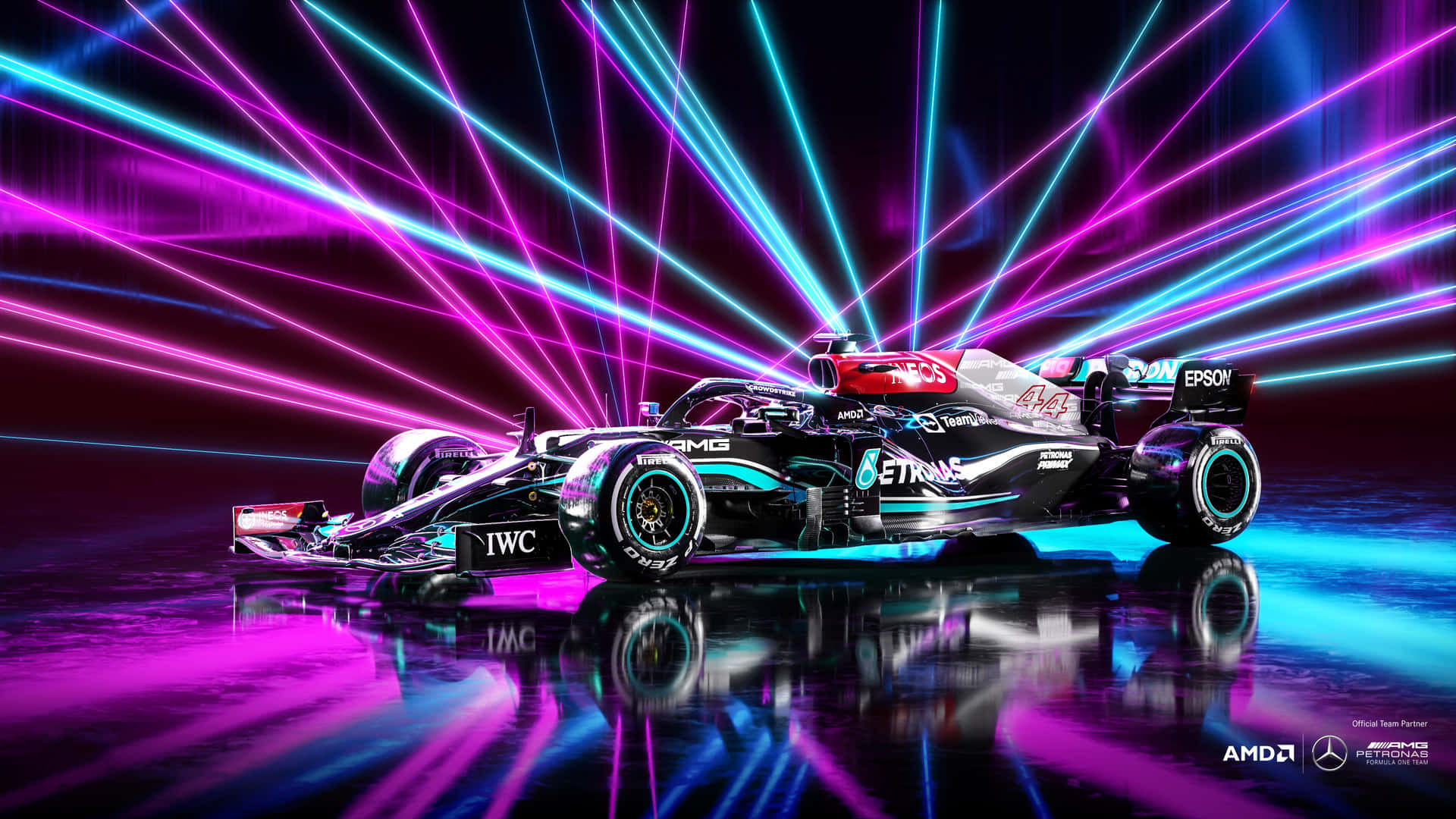 A Mercedes F1 Car With Neon Lights In The Background Background