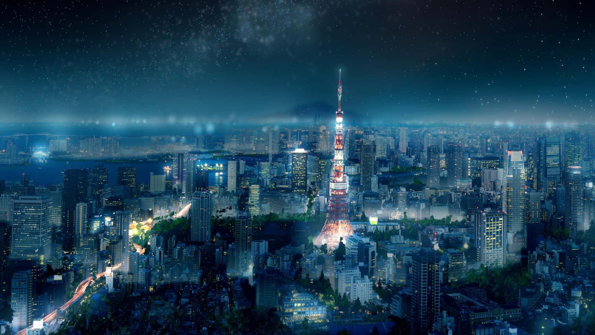 A Mesmerizing Night View Of Tokyo Skyline With An Anime Touch Background