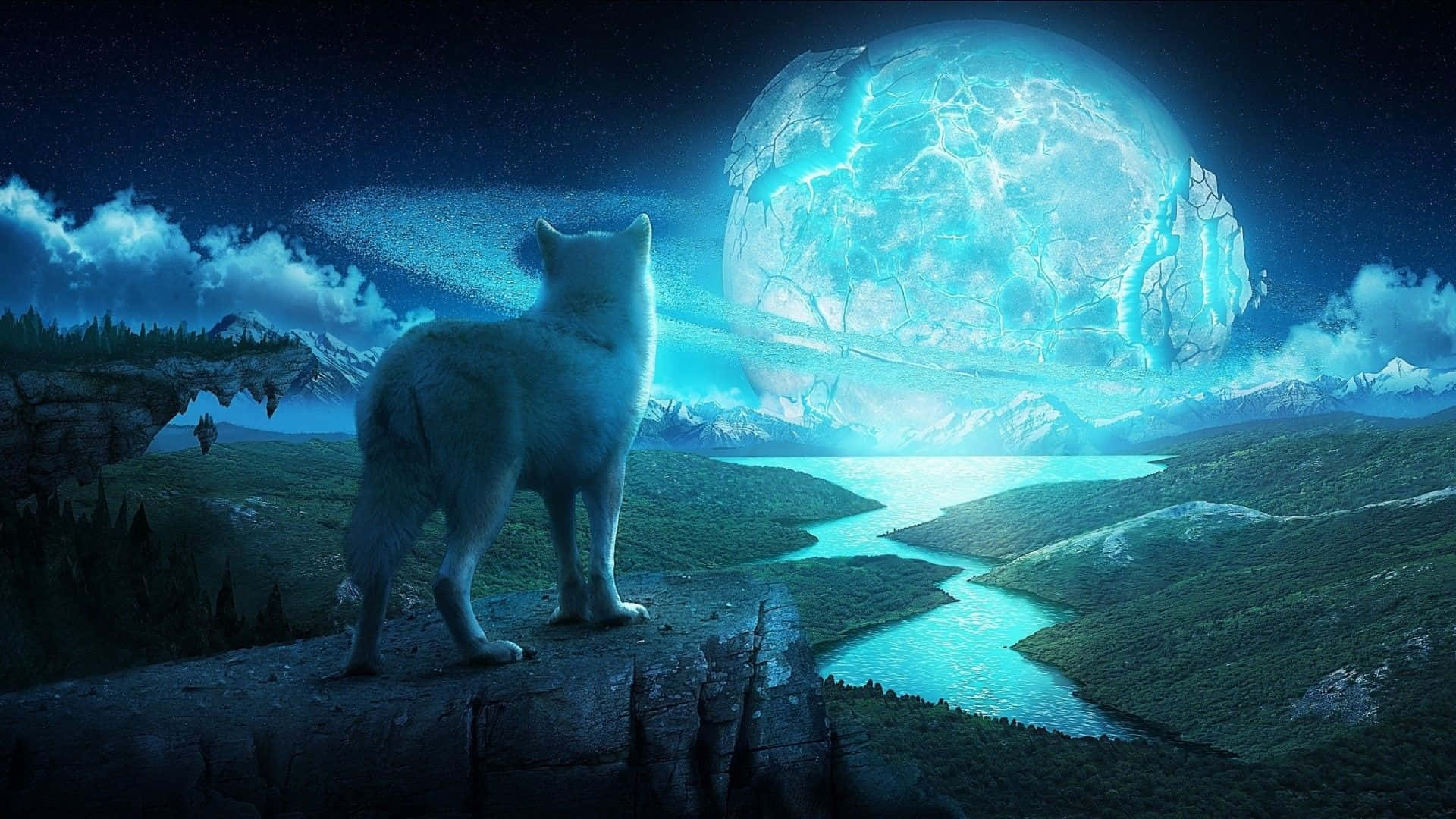 A Mesmerizing Vision Of A Water And Fire Wolf In The Night Sky Background