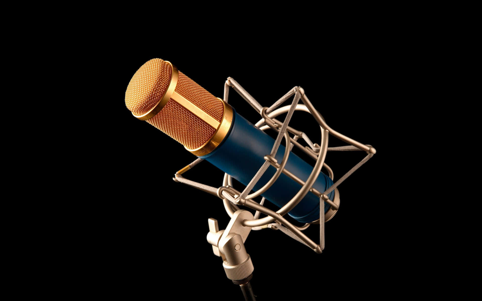 A Microphone With A Blue And Gold Cord On A Black Background Background