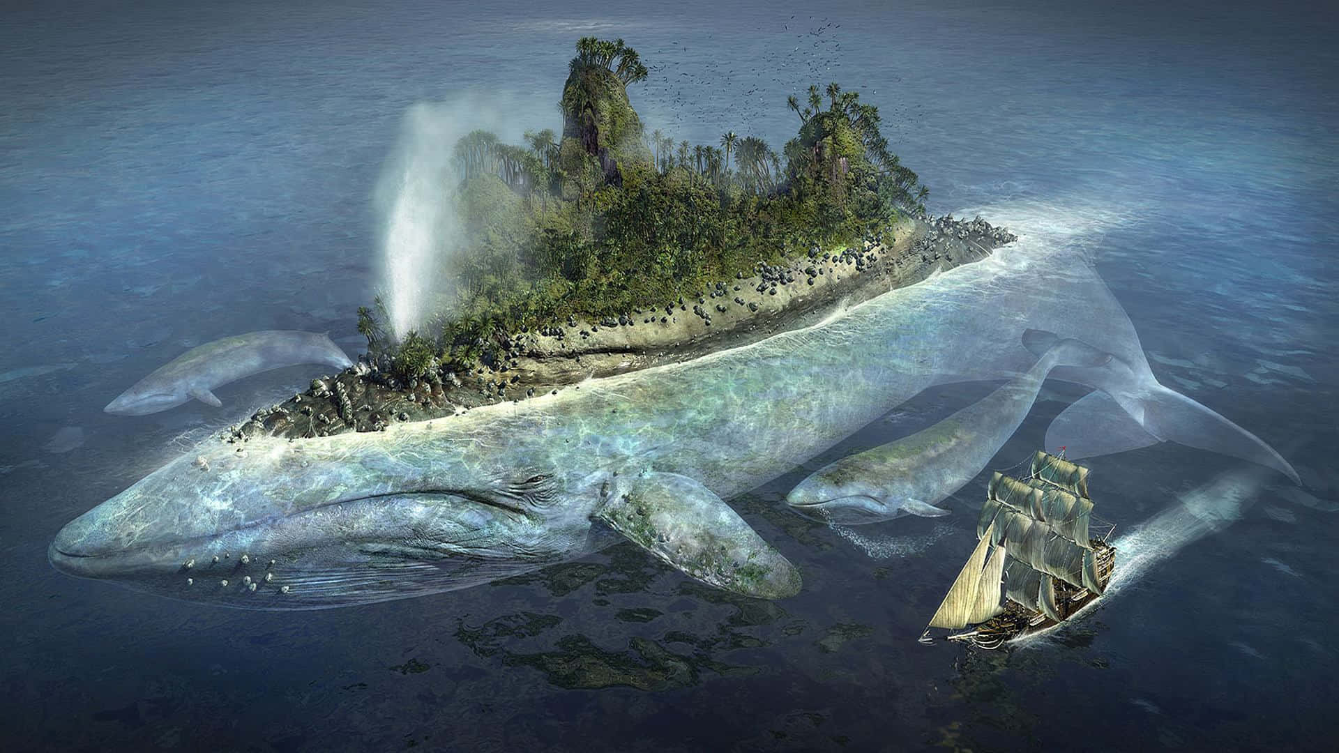 A Mighty Whale Carrying An Island Background