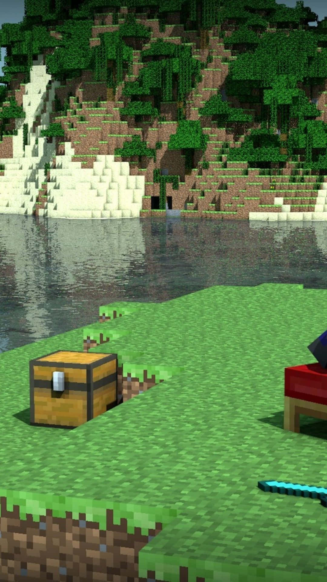 A Minecraft Scene With A Couch And A Boat Background