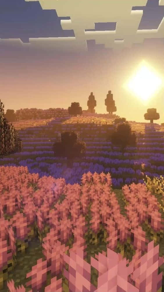 A Minecraft Scene With A Pink Flower Field Background