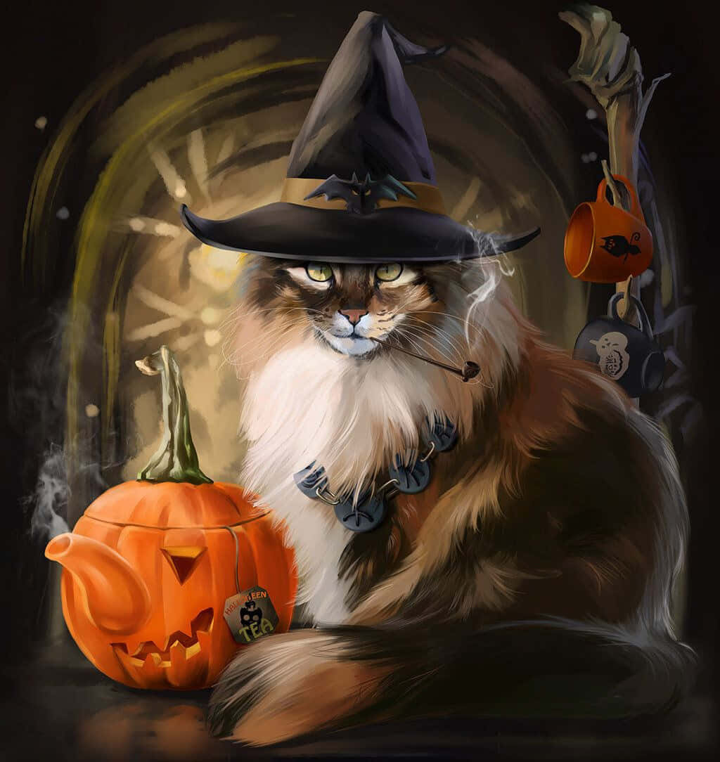 A Mischievous Black Cat Preparing For A Spooky Halloween Background