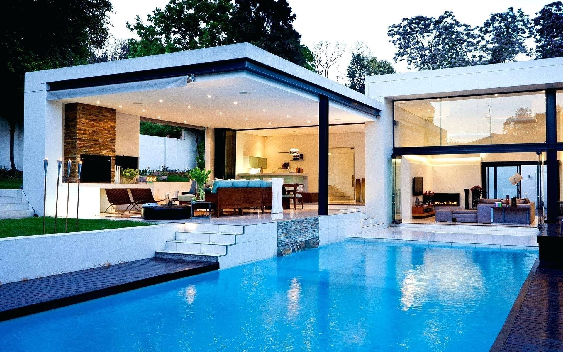 A Modern Home With Pool Background