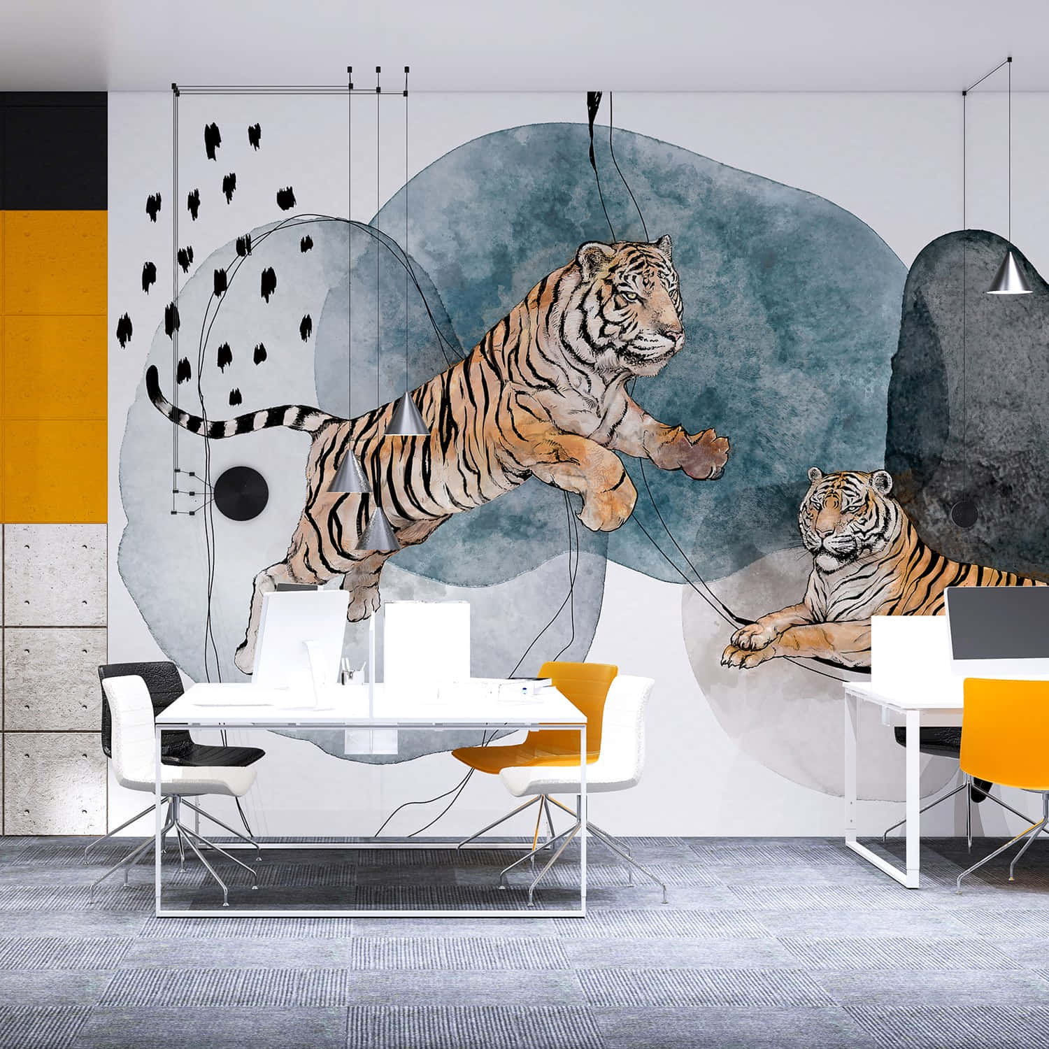 A Modern Office With A Tiger Mural Background