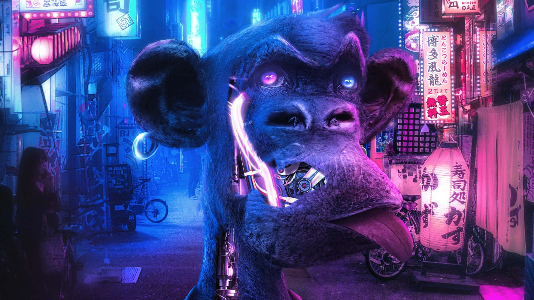 A Monkey In A Neon City With Neon Lights Background