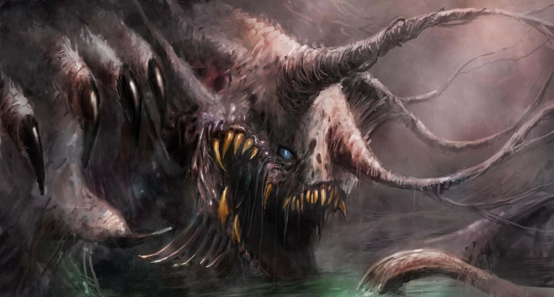 A Monster With A Large Mouth Is In The Water Background