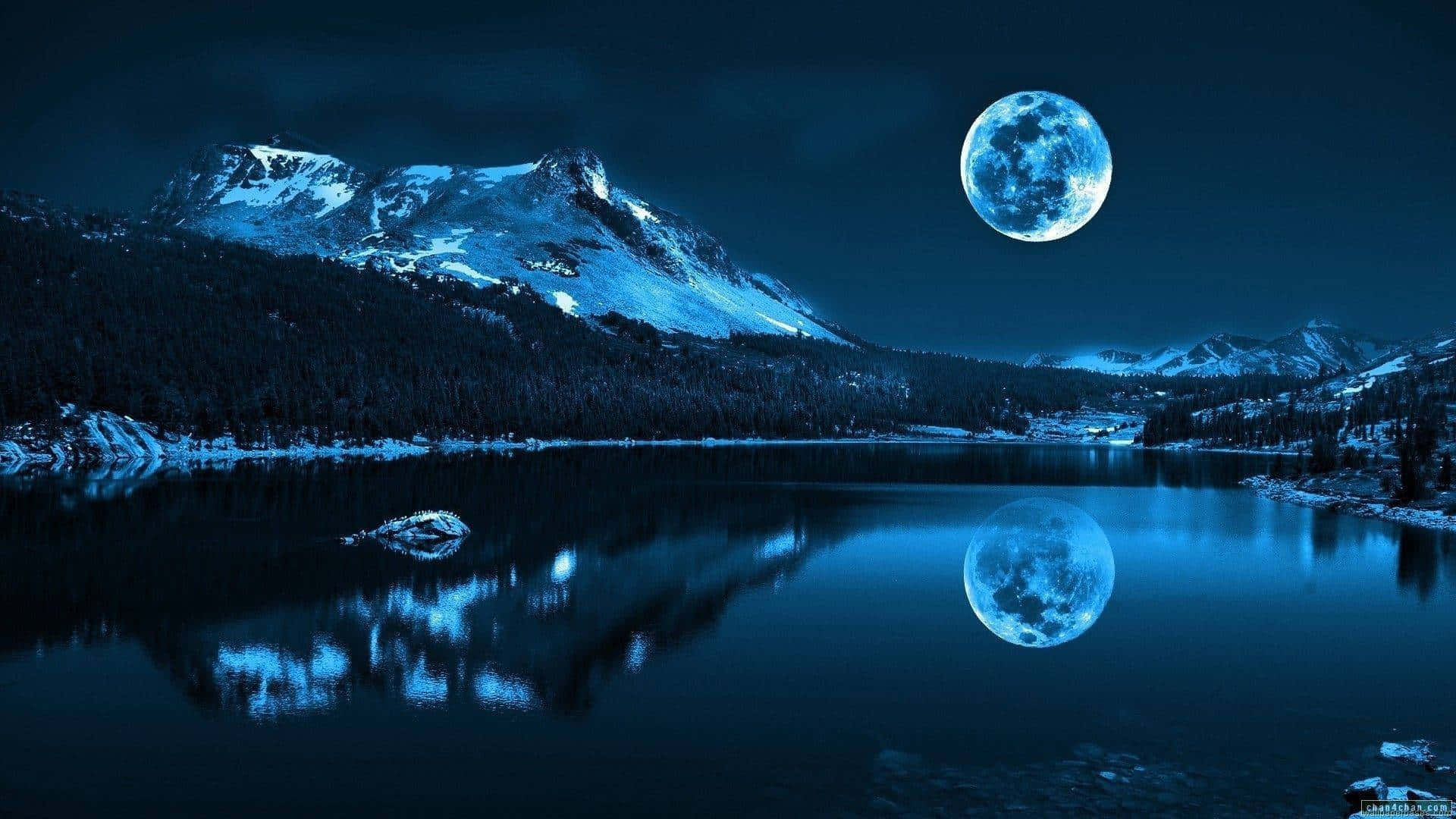 A Moon Is Reflected In A Lake With Mountains Background