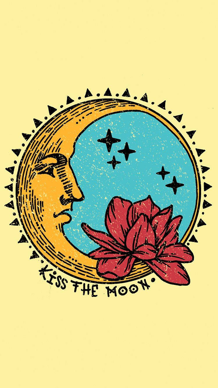 A Moon With A Flower In It And The Words Kiss The Moon Background