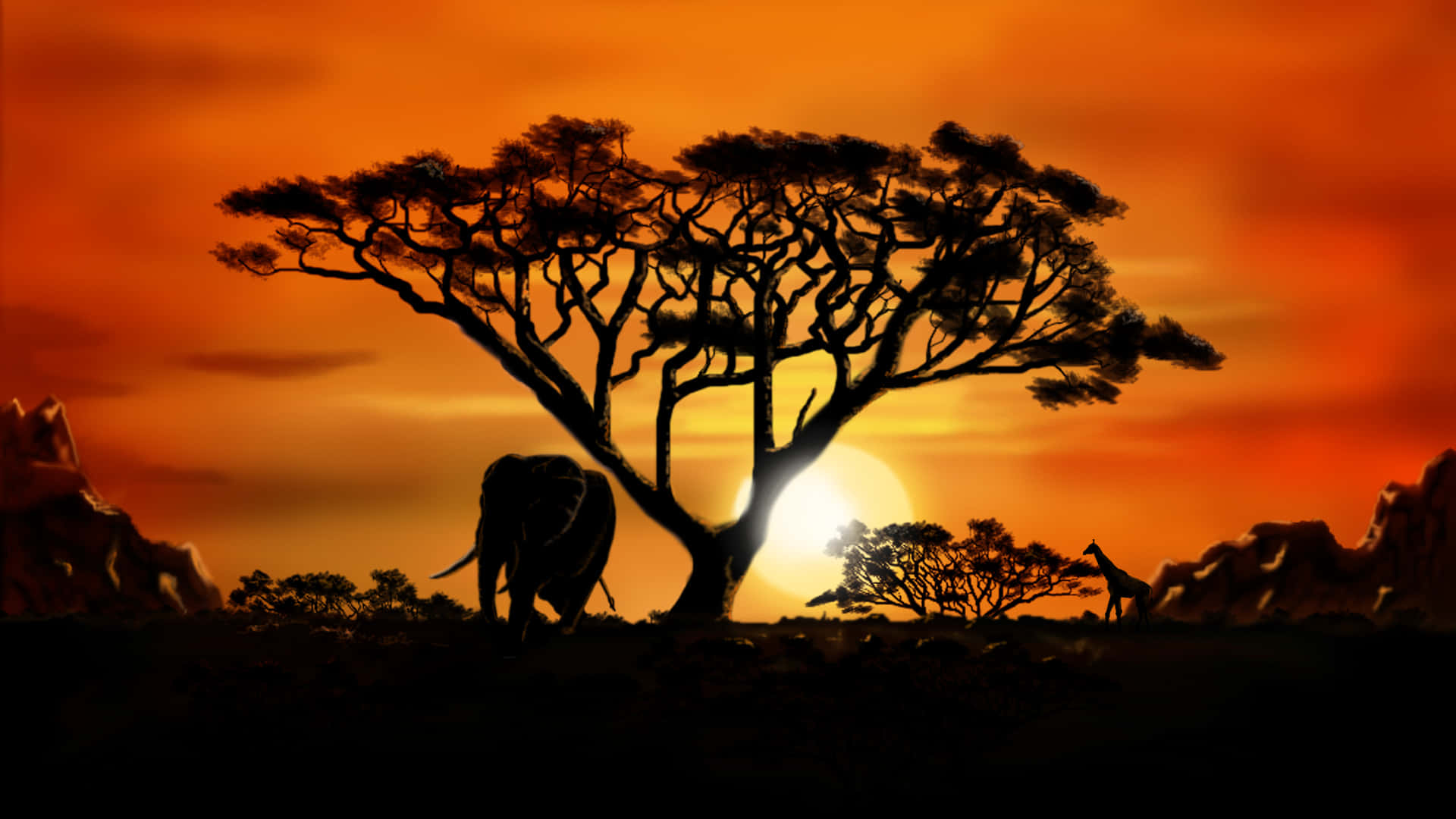 A Mother And Baby Sitting In Front Of An African Sunset Background