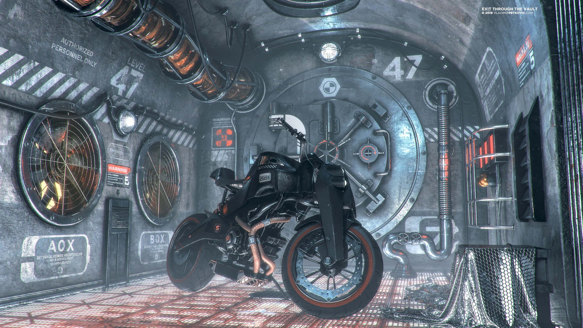 A Motorcycle Is Parked In A Futuristic Looking Room Background