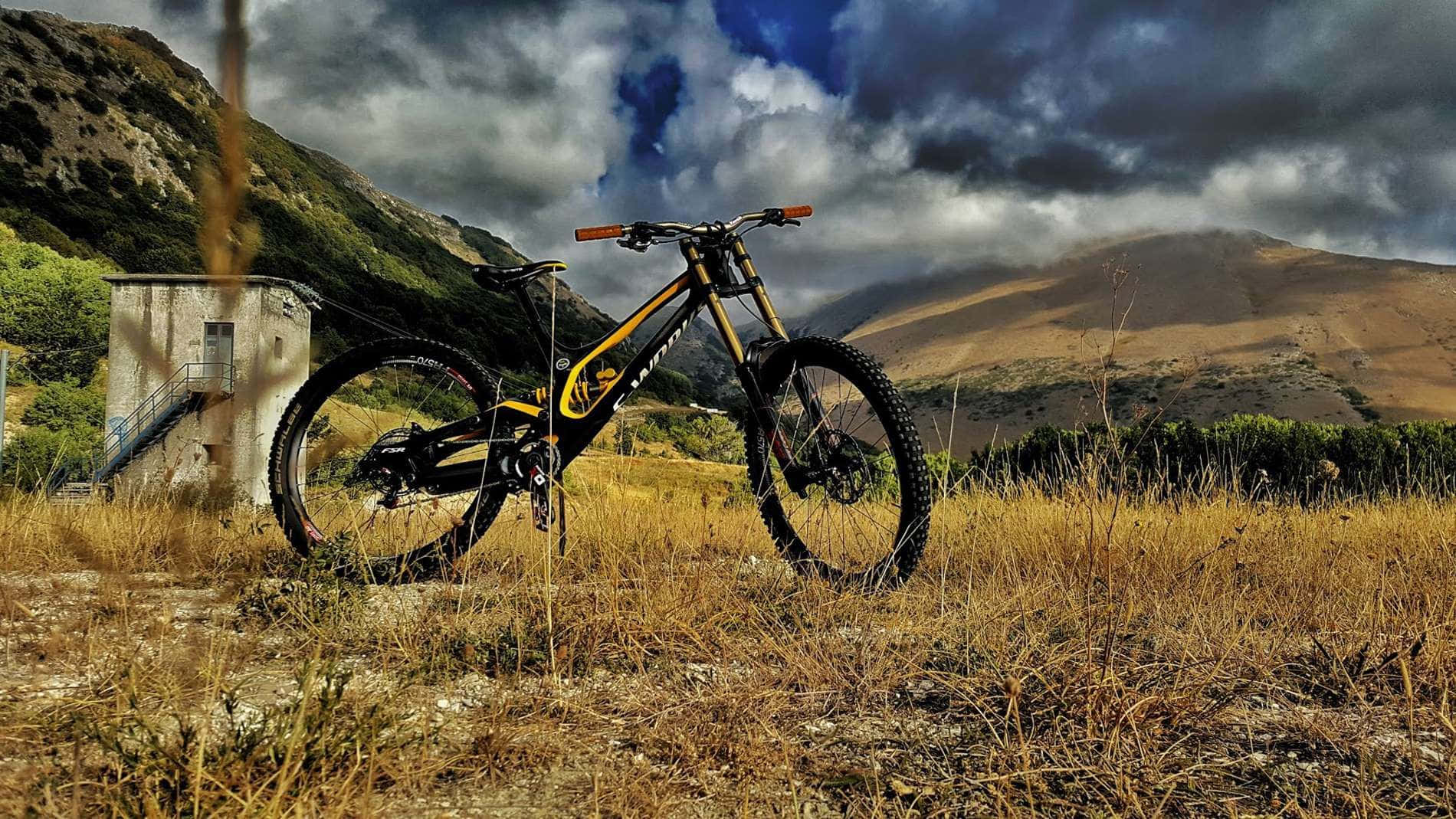 A Mountain Bike Parked In The Grass Background