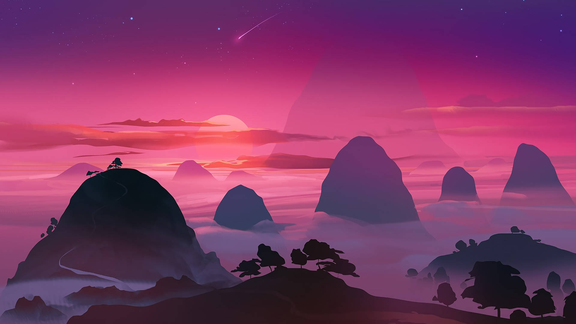 A Mountain Landscape With A Purple Sky Background