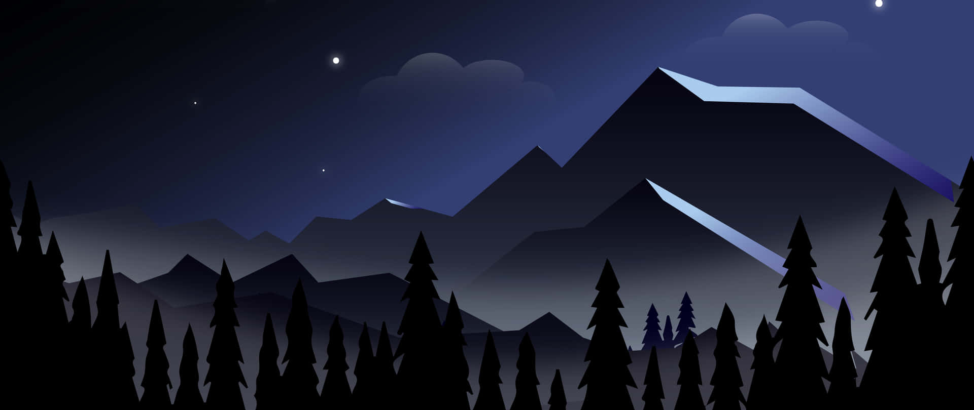 A Mountain Landscape With Trees And Stars At Night Background