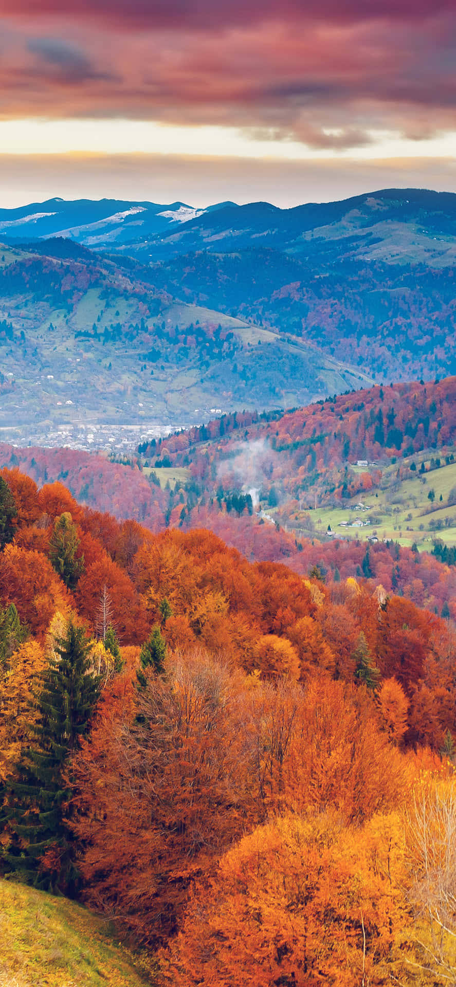 A Mountain Range With Trees In The Fall Background