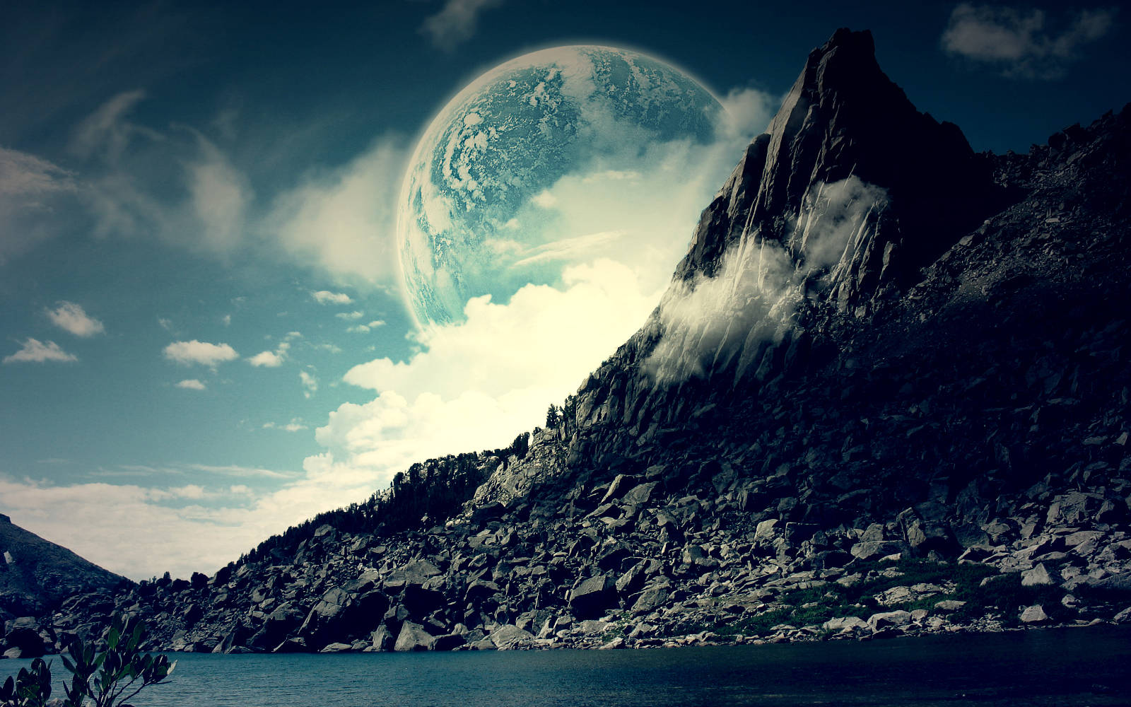 A Mountain With A Lake And A Planet In The Sky Background