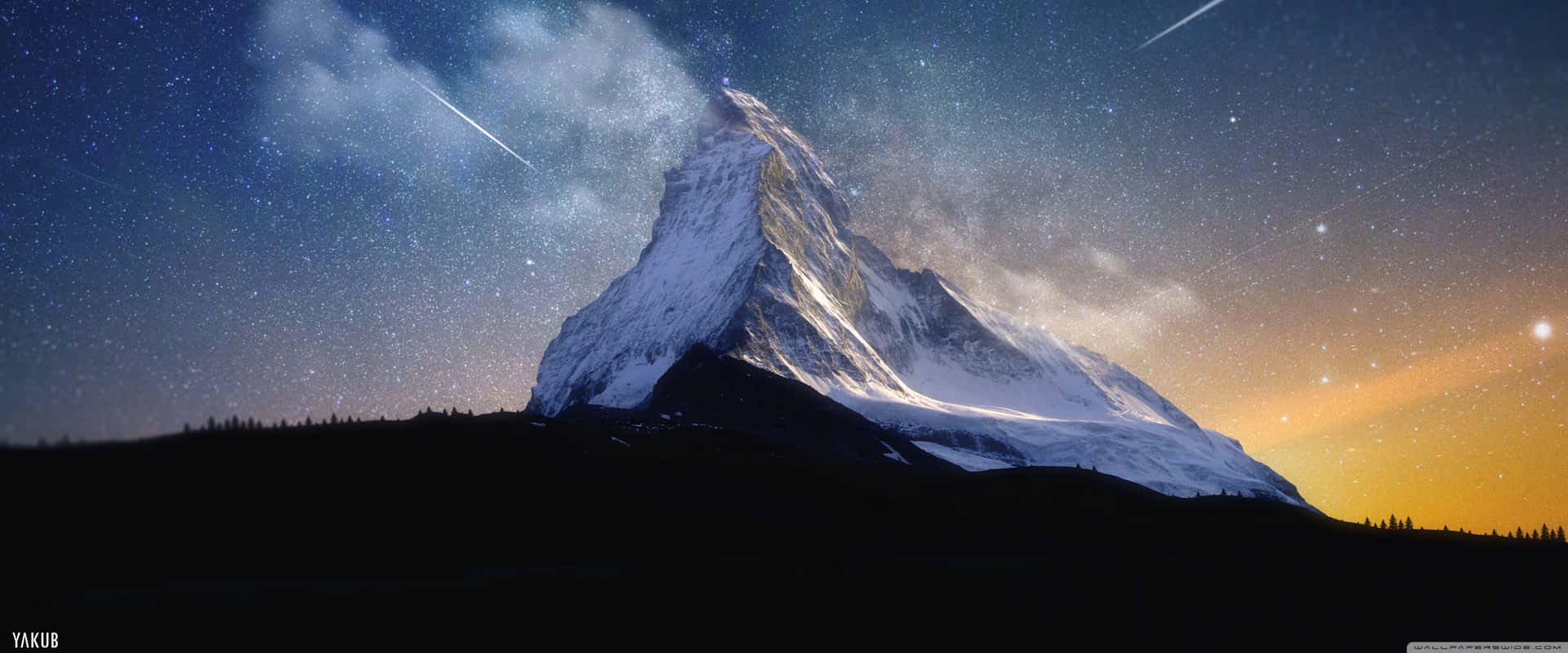 A Mountain With Stars And A Meteorite In The Sky Background