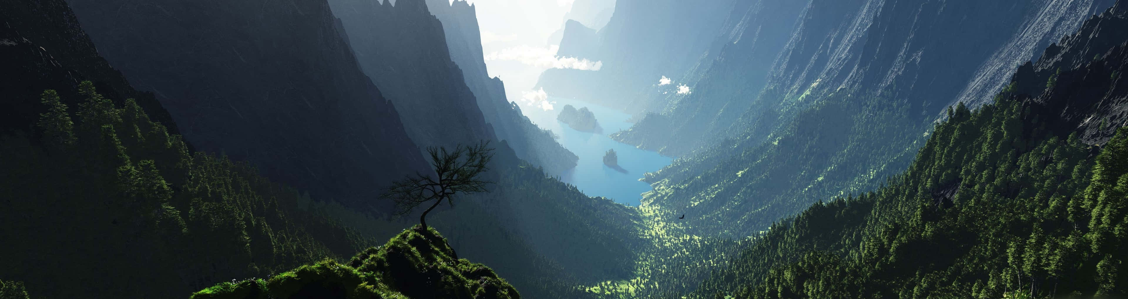 A Mountain With Trees And A Lake In The Background Background