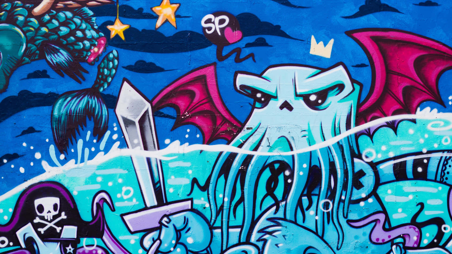 A Multi-colored Painting Adorns This Graffiti Wall. Background