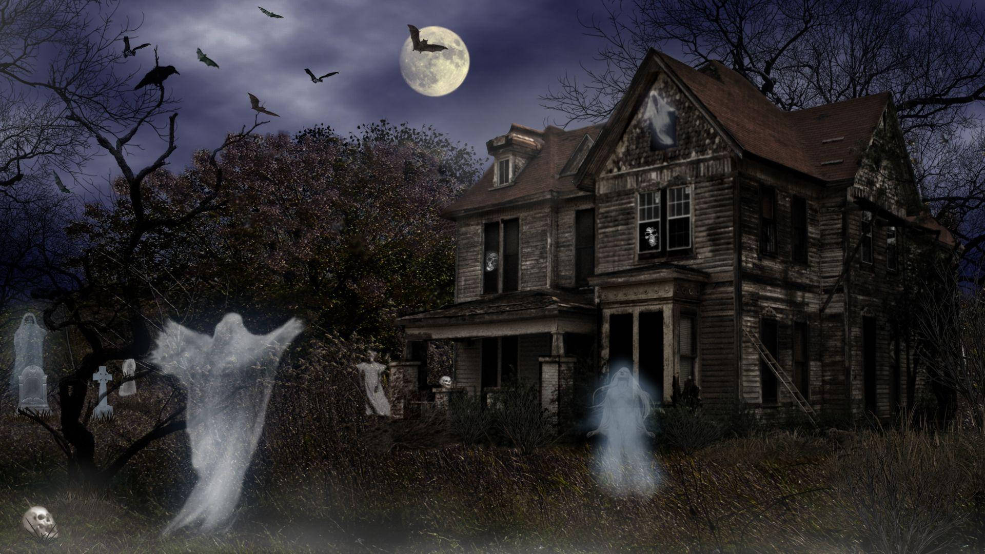 A Mysterious And Spooky Haunted House On Halloween Night. Background