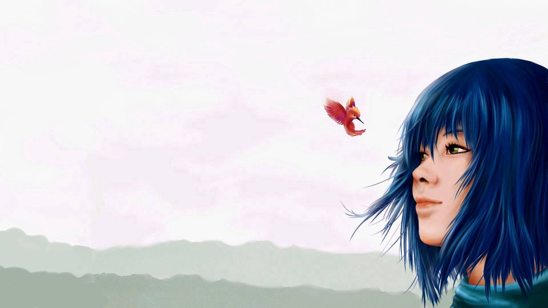 A Mysterious Anime Girl Enjoying A Mesmerizing Blue Sunset. Background