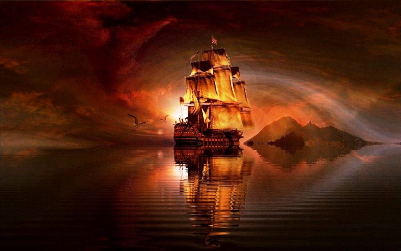 A Mysterious Voyage - Pirate Ship Digital Art Background
