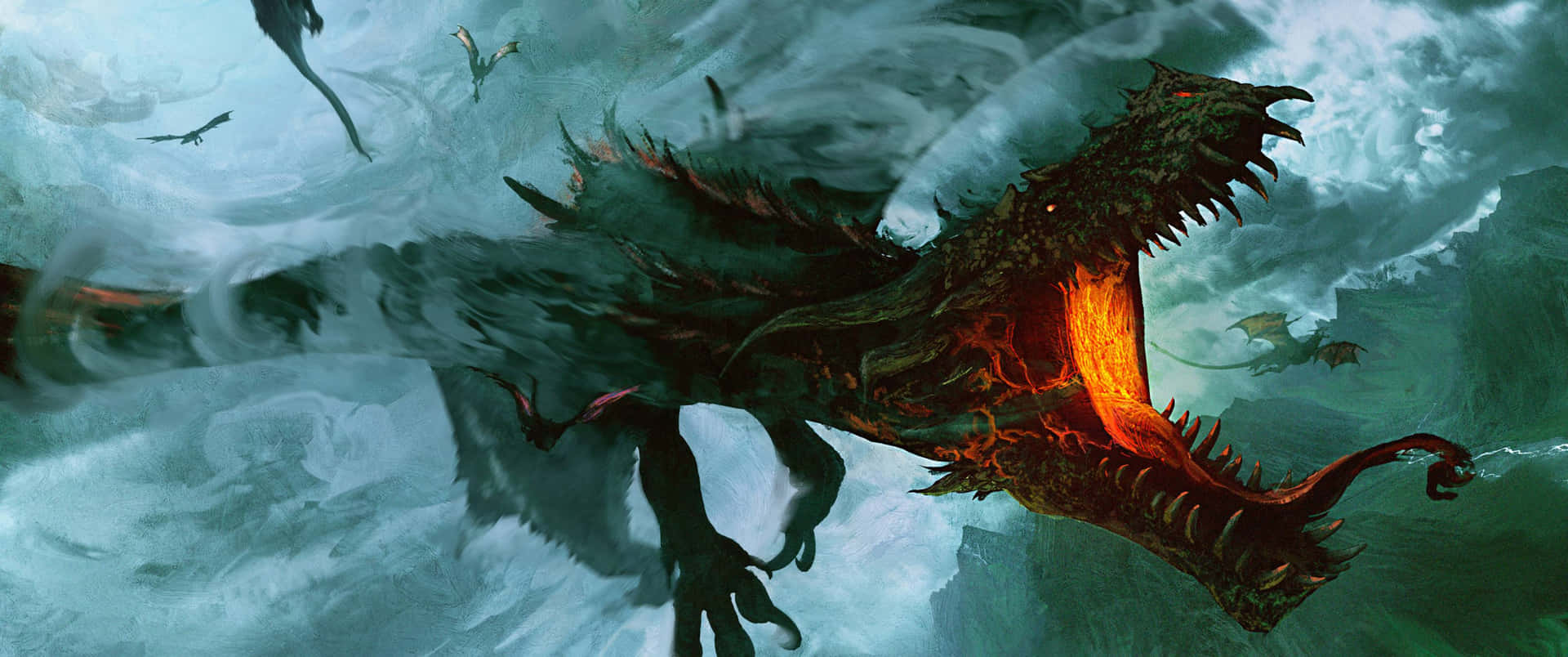 A Mystical Dragon Flying In A Stormy Sky Background