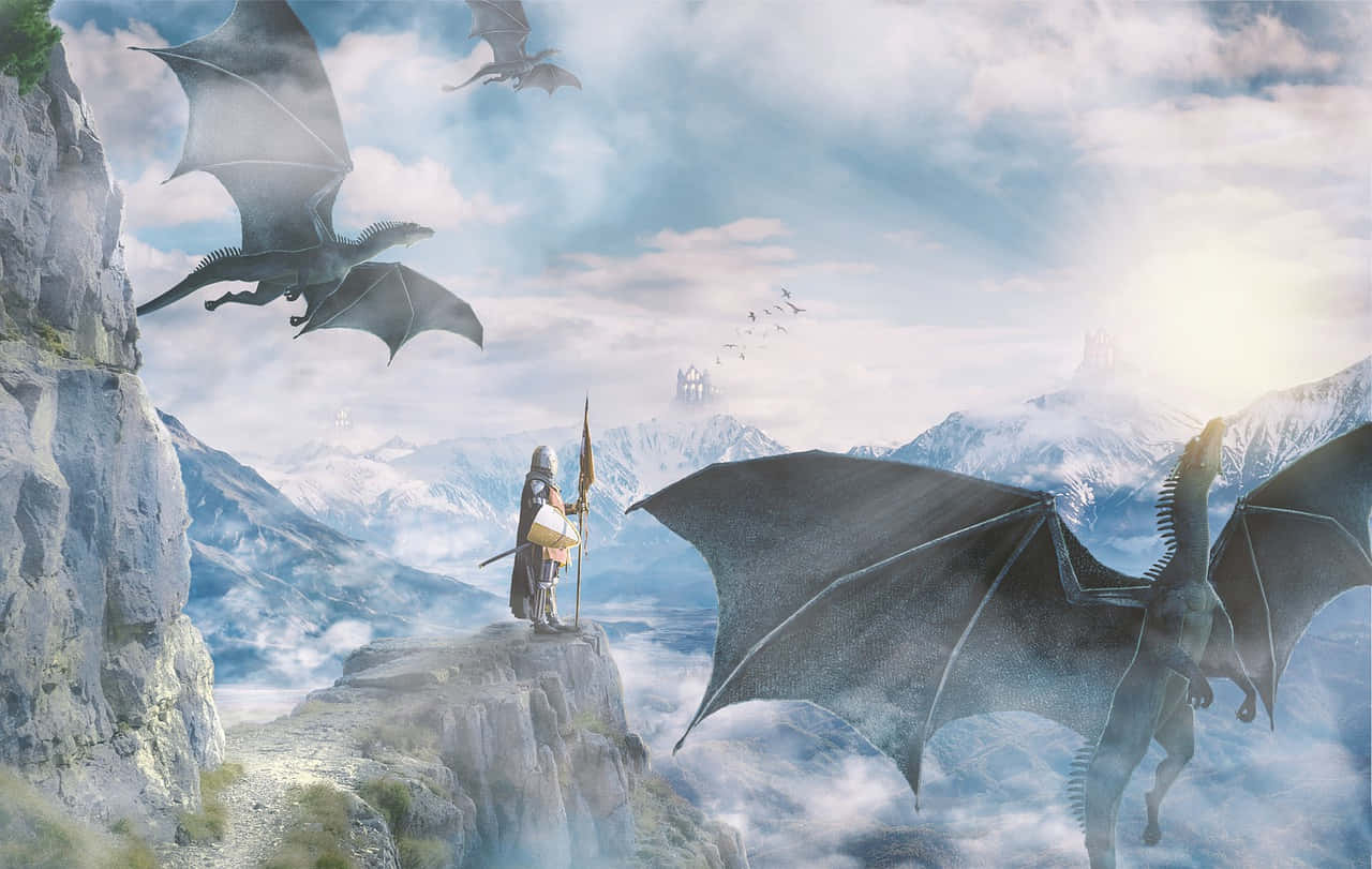 A Mystical Dragon Gazing Through A Cave Background
