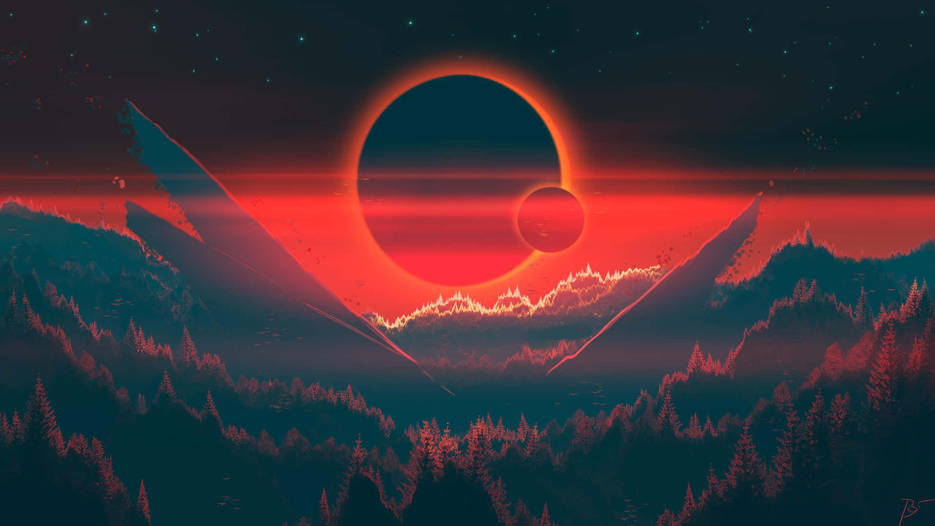 A Mystical Red Forest Awakens Background