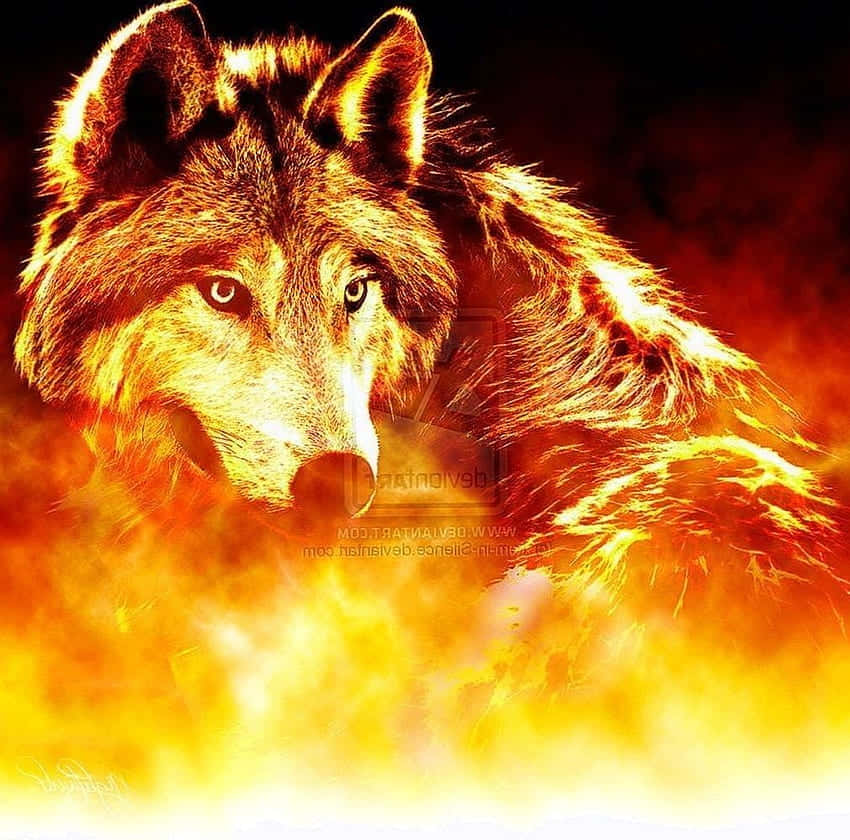 A Mythical Wolf Walking Across A Bridge Of Fire And Ice Background