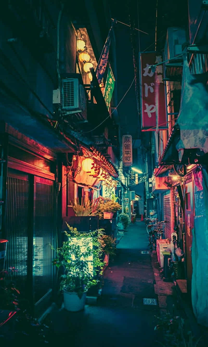 A Narrow Alley With Neon Lights And Signs Background
