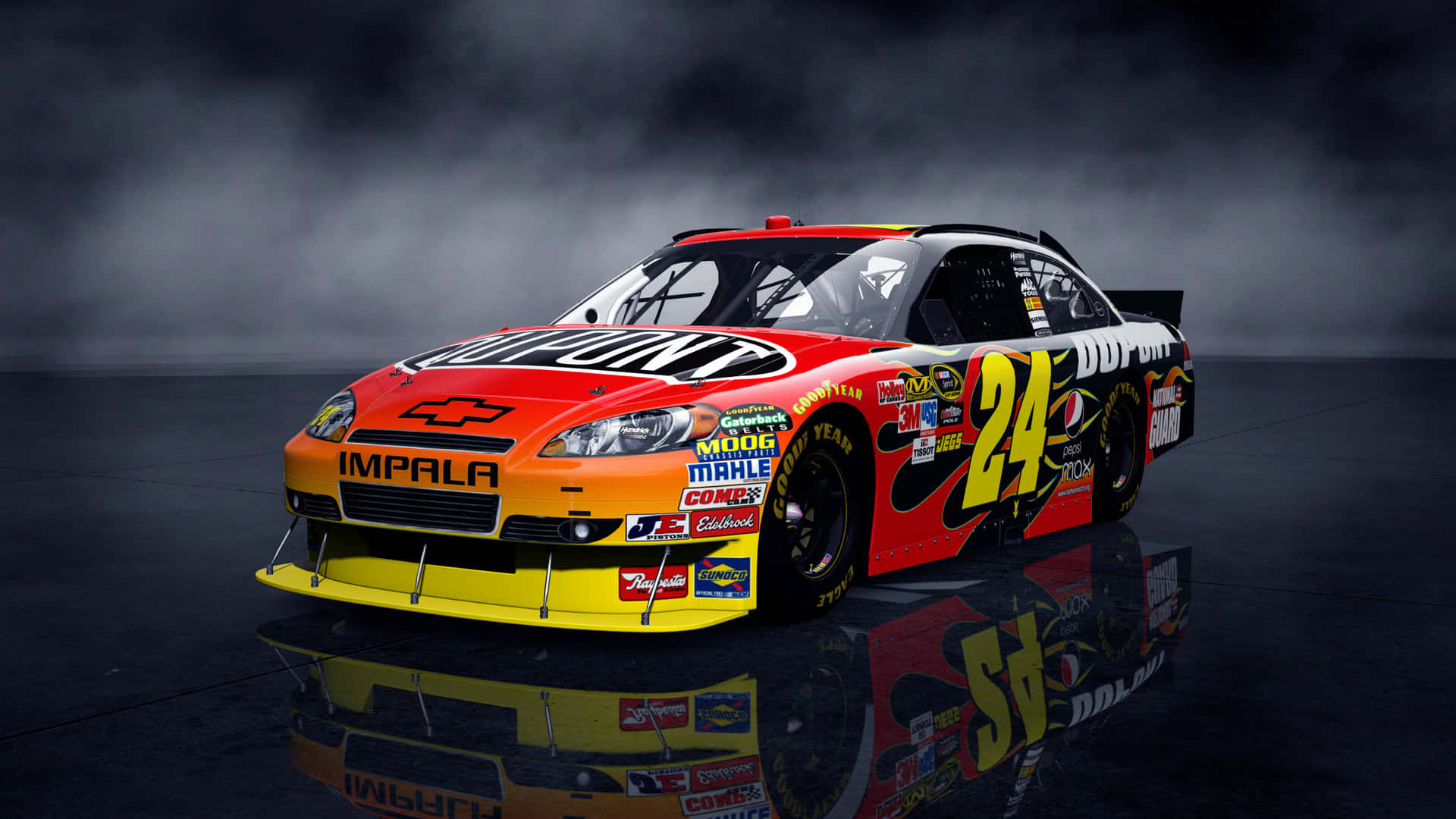 A Nascar Car Is Shown In A Dark Environment Background