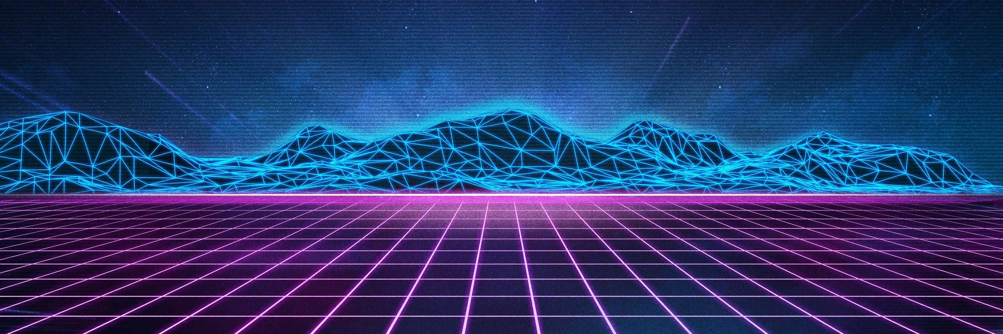A Neon Background With Mountains And A Grid Background