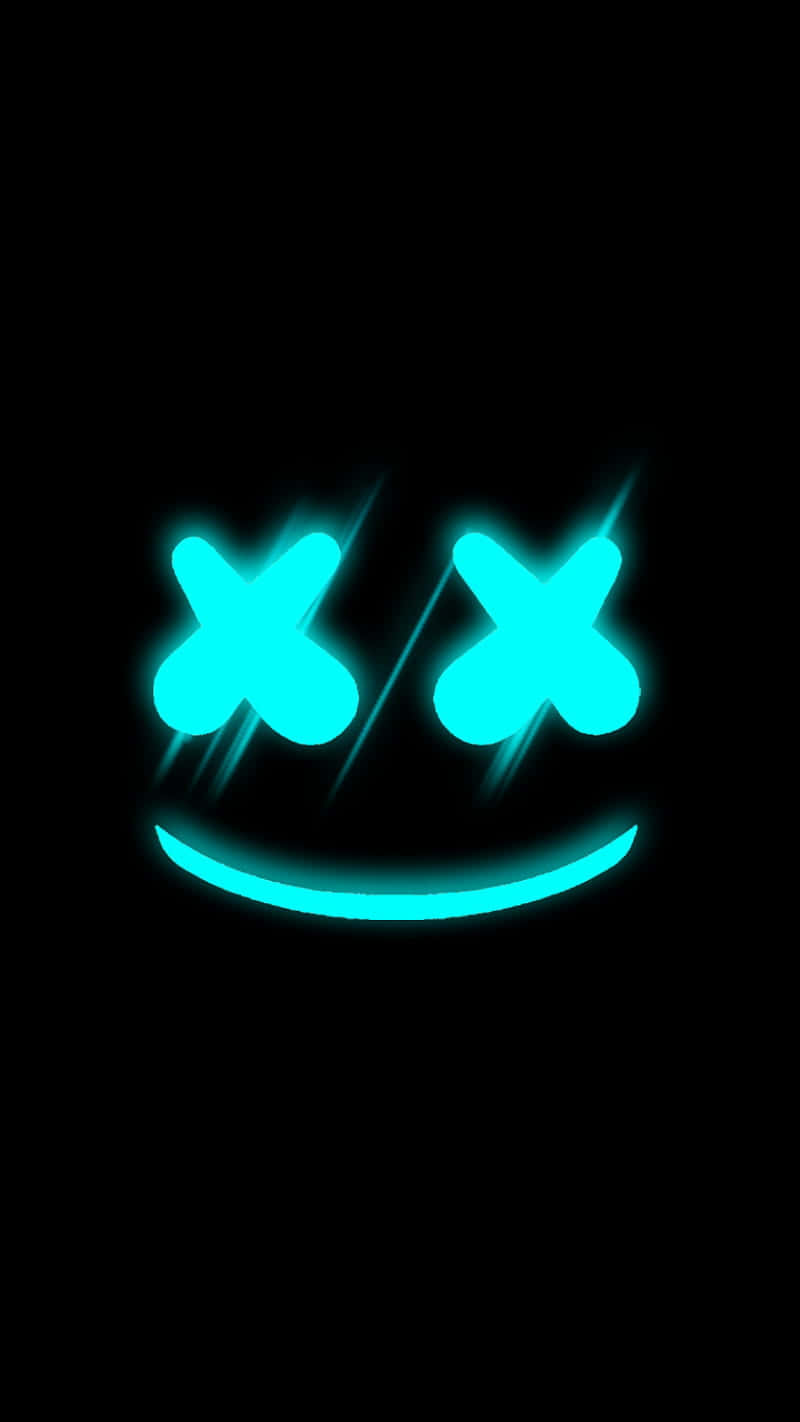 A Neon Blue Face With Crossed Eyes On A Black Background Background