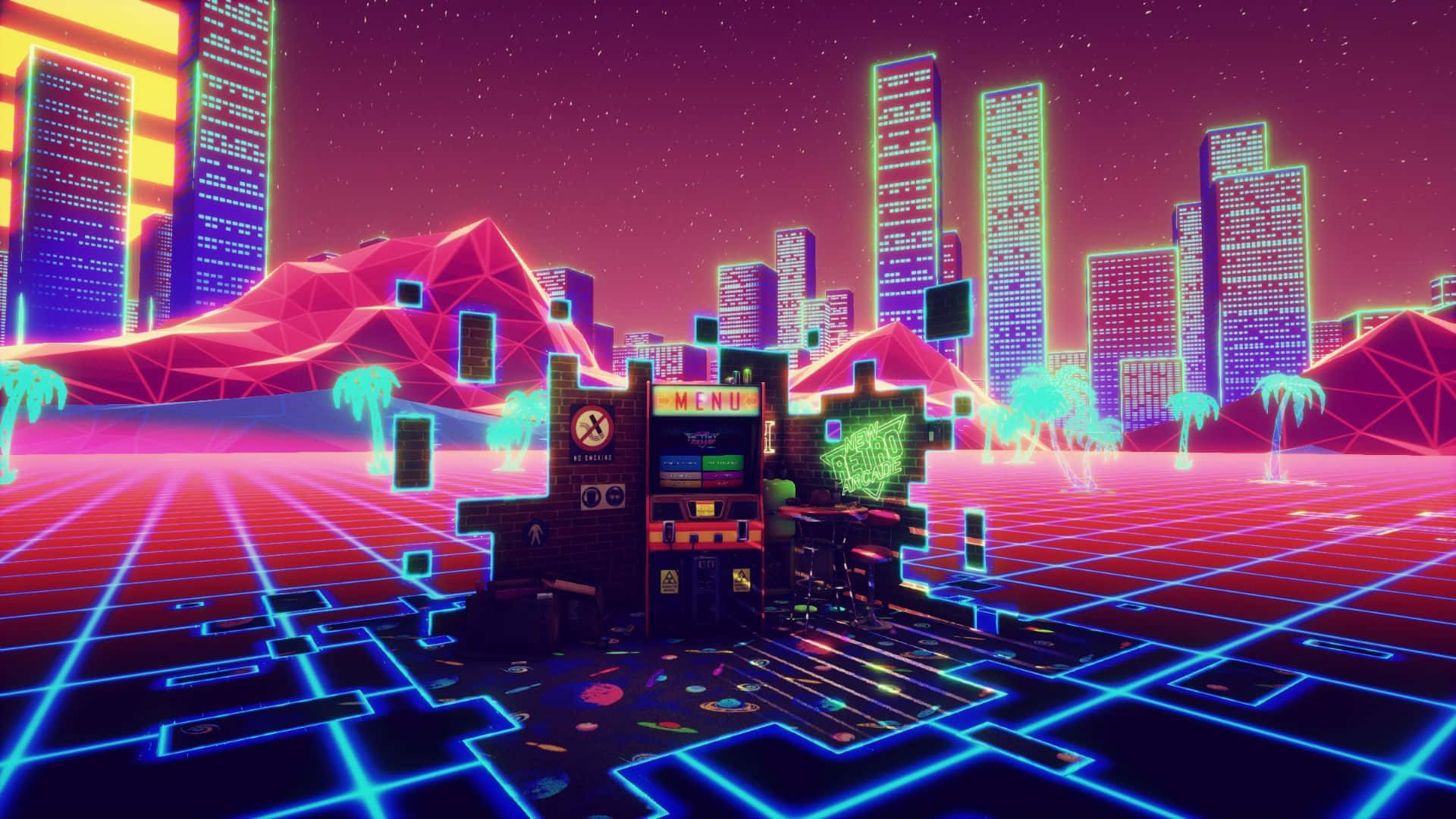 A Neon City With Buildings And Neon Lights