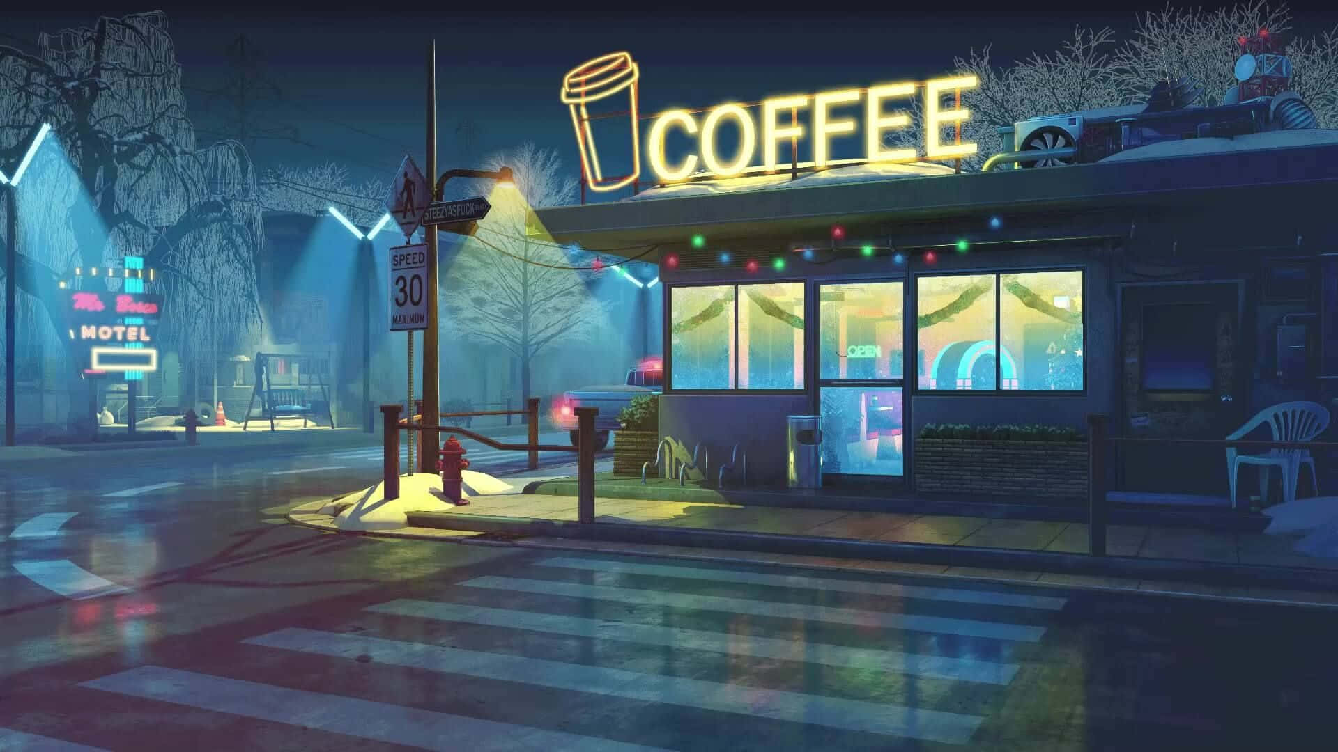 A Neon Coffee Shop With A Sign On It Background