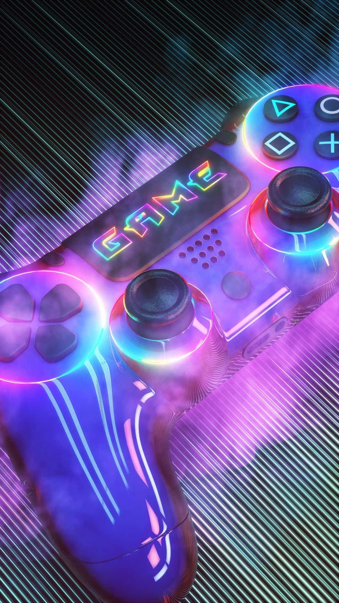 A Neon Colored Game Controller With Glowing Lights Background