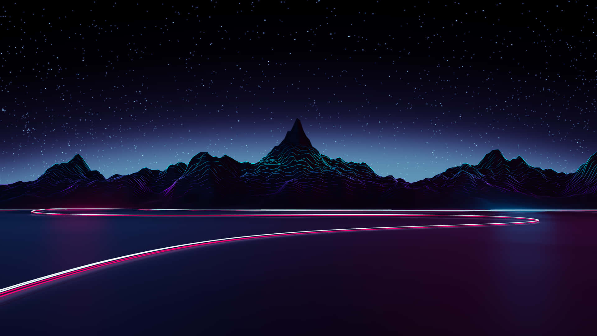 A Neon Light Is Shining Over A Mountain And Lake Background