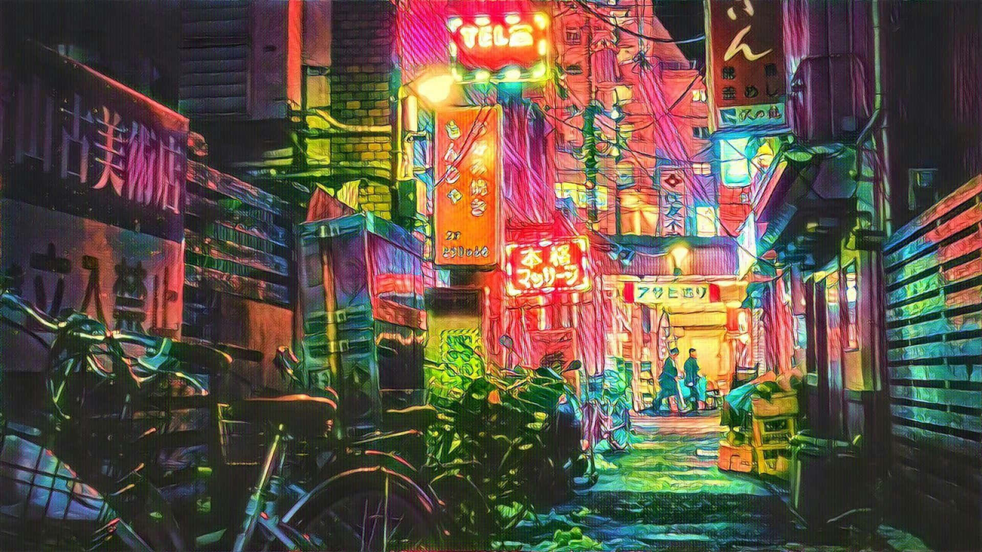 A Neon Lit Alley With A Bicycle And A Sign Background
