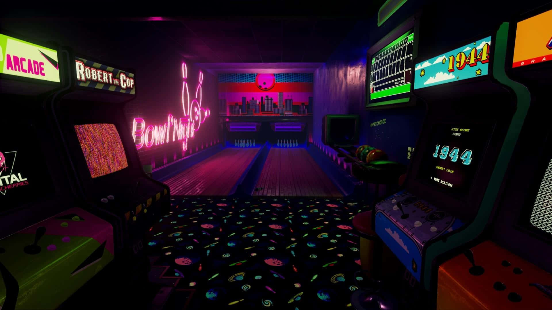 A Neon Lit Arcade Room With Several Arcade Machines Background