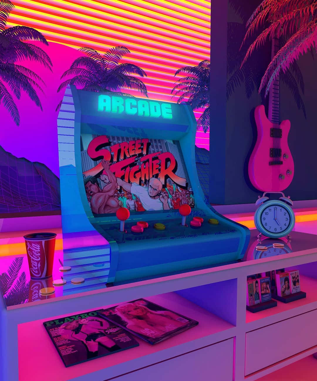 A Neon Lit Room With A Street Fighter Game Console Background