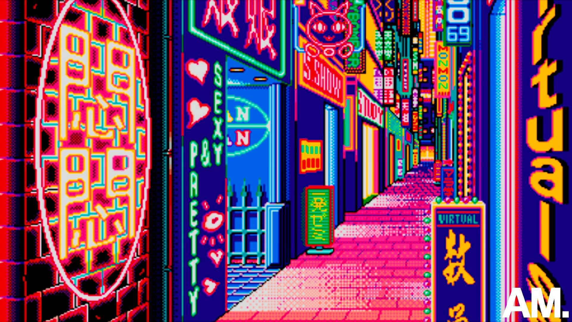 A Neon Lit Street With Neon Signs Background