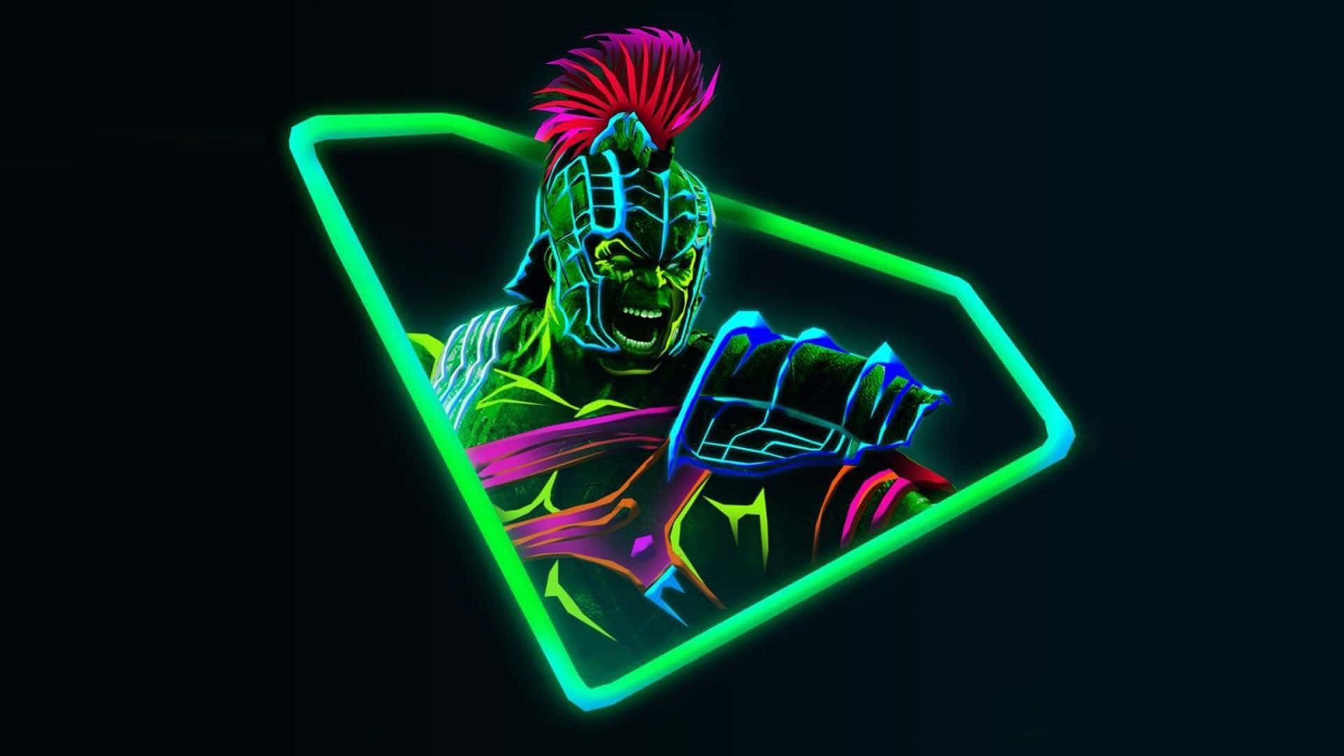 A Neon Logo With A Man Holding A Sword Background