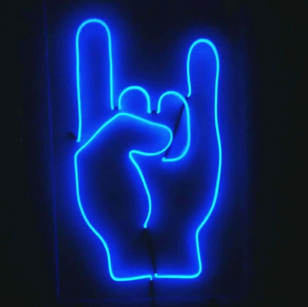 A Neon Sign With A Hand In Blue Background