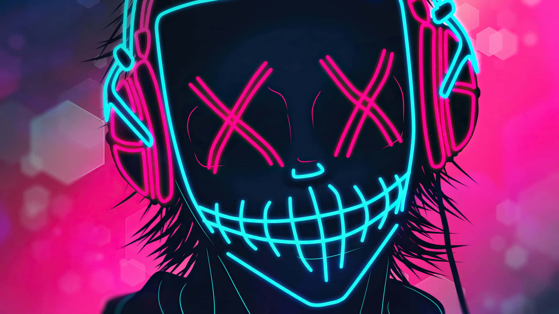 A Neon Skull With Headphones On His Head Background