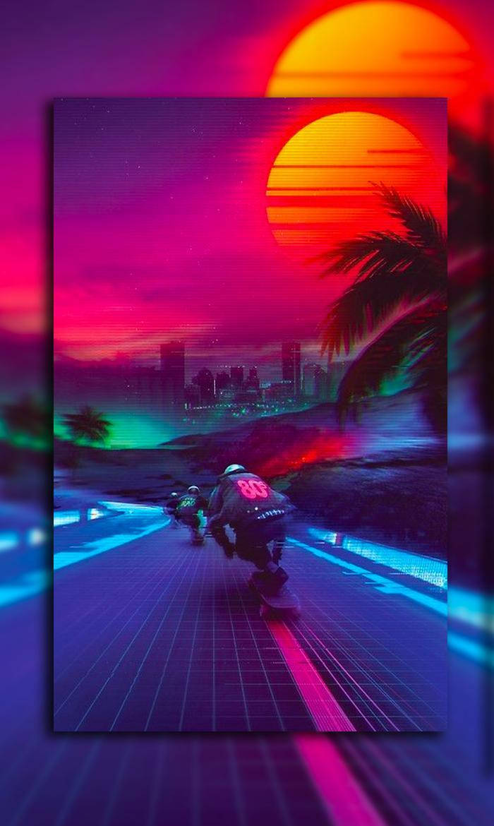 A Neon Sunset With A Skateboarder On The Road Background