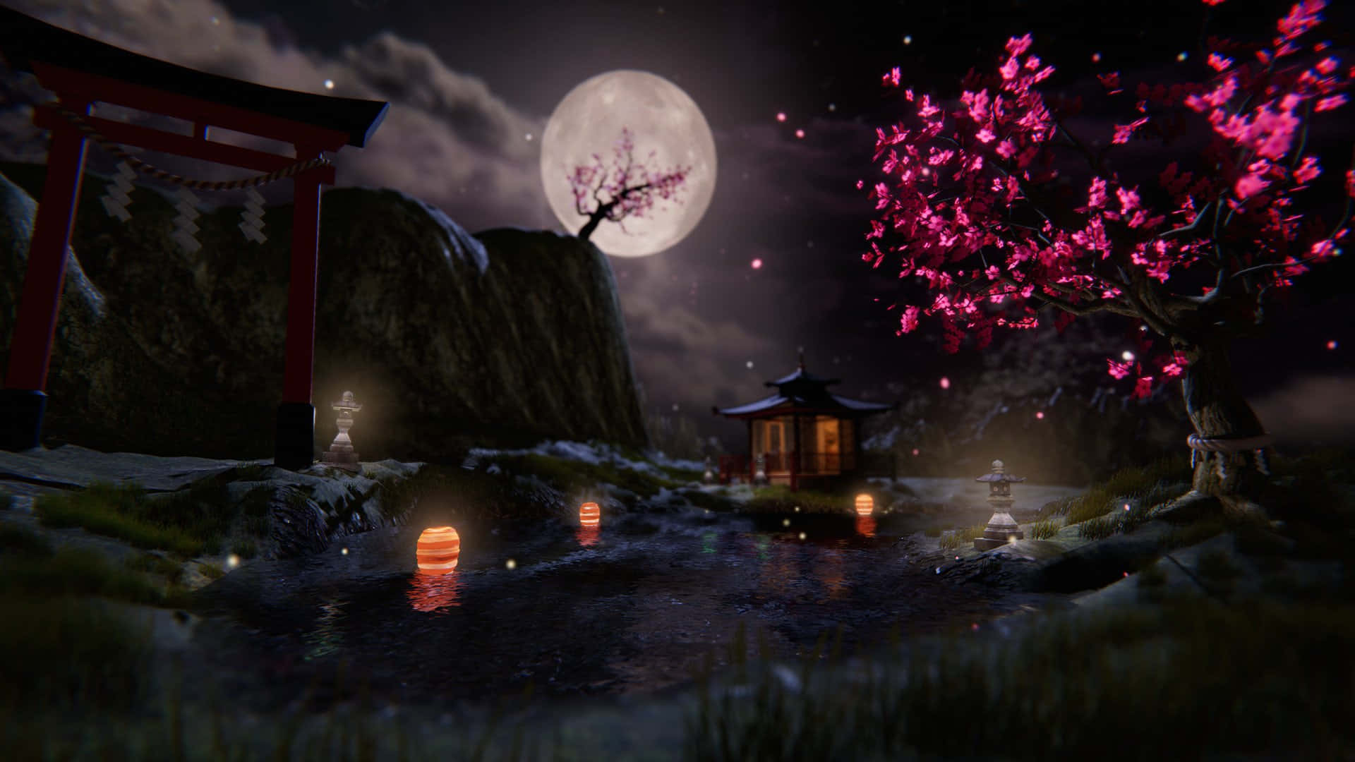 A Night Scene With A Lantern And A Moon Background