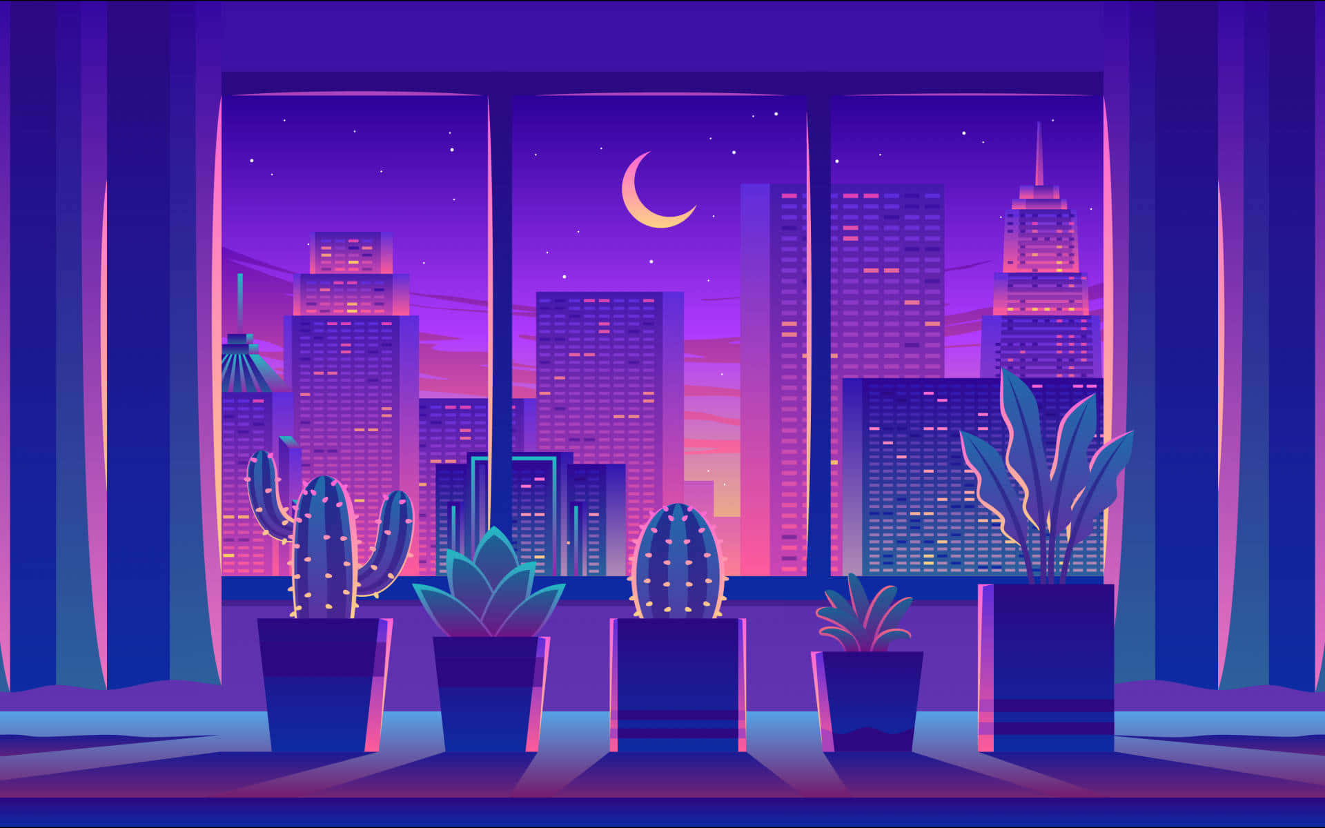 A Night Scene With Cactus And Cityscape Background